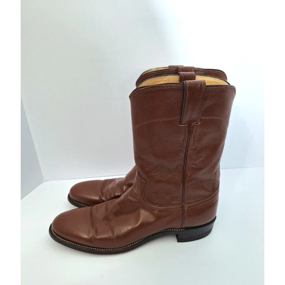 Vintage Justin Boots Men's 10.5 A Brown Leather Roper Western Cowboy Made In USA